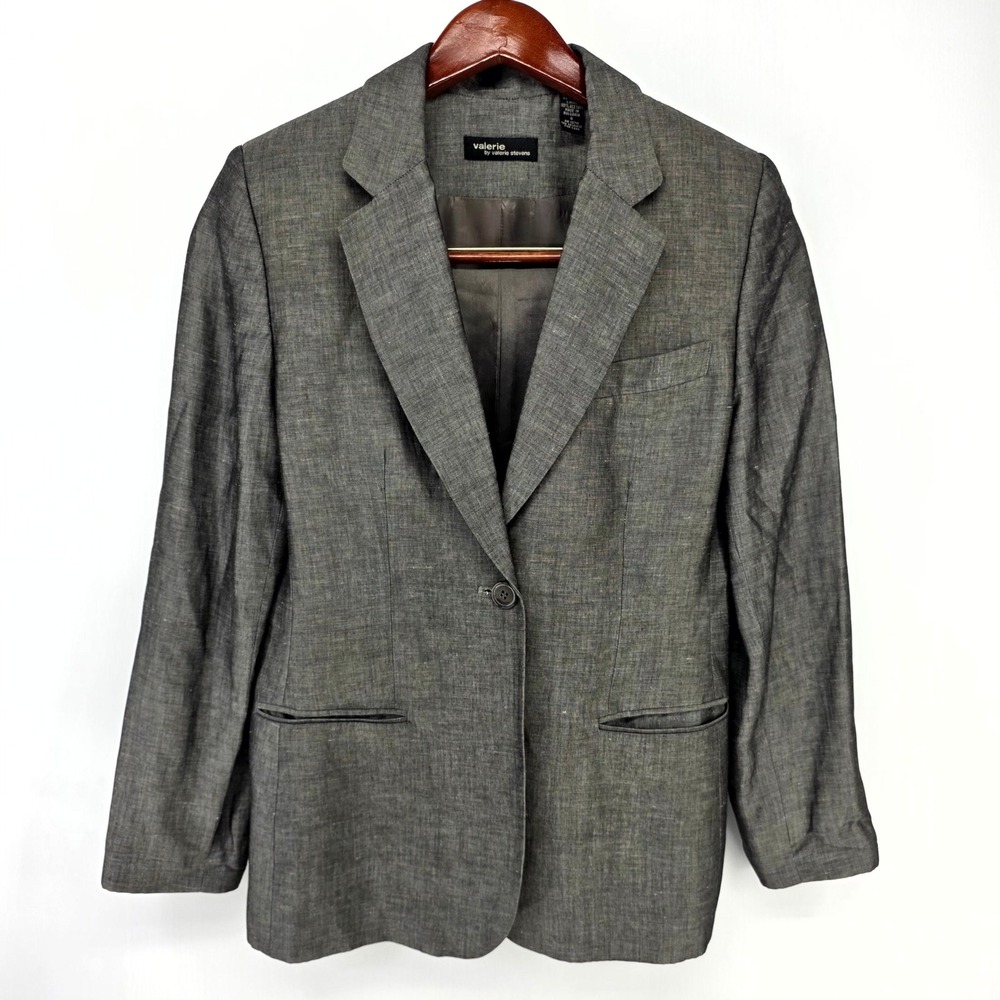 Valerie by Valerie Stevens Blazer Womens 6 Gray Linen Blend Single Button Jacket